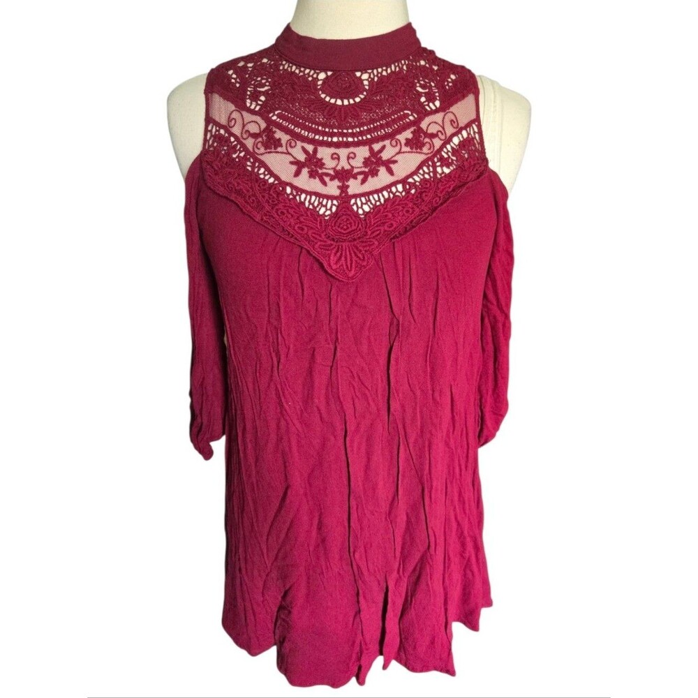 As U Wish Cold-Shoulder Lace Yoke Tunic - Burgundy